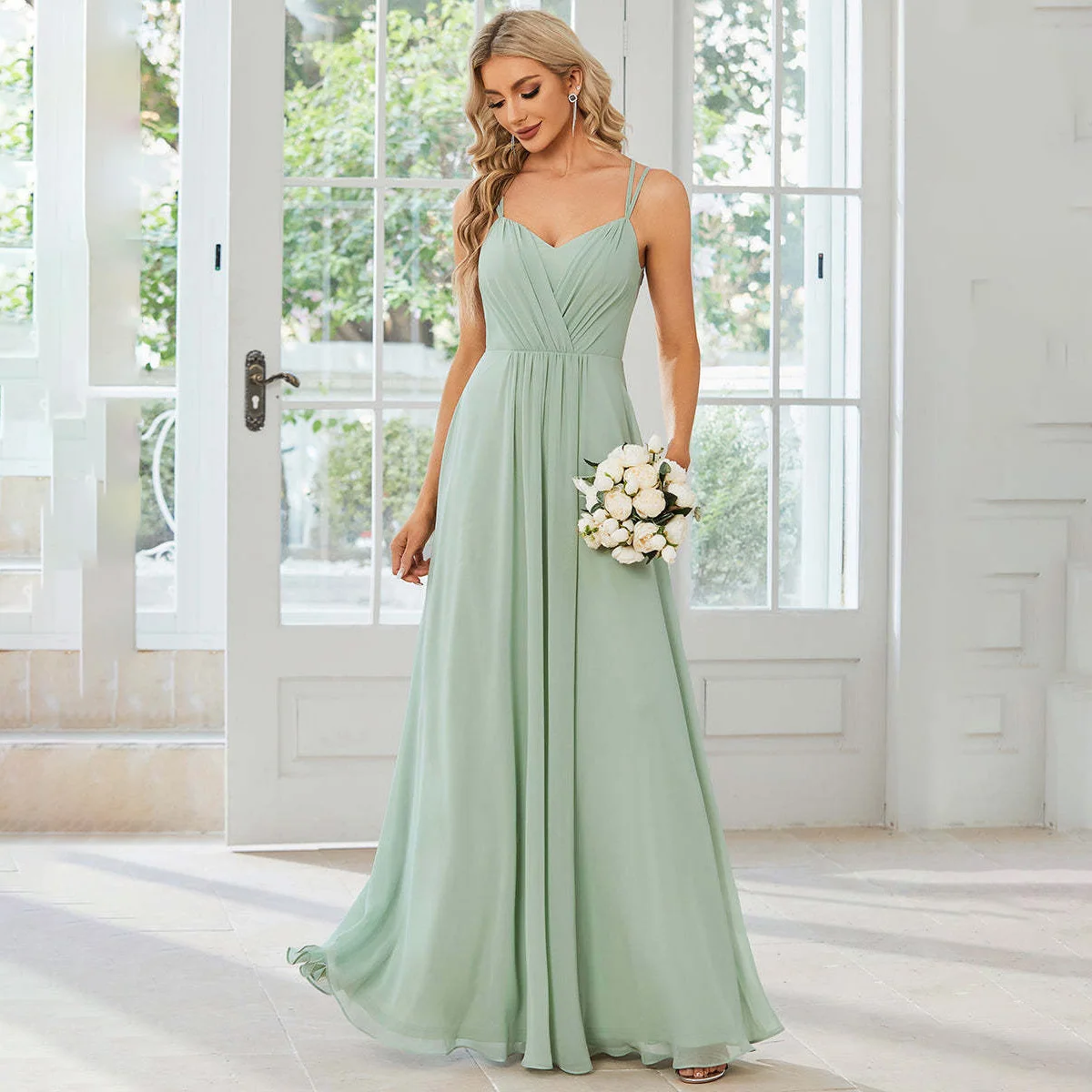 Customise A Line Spaghetti Straps Pleat V Neck Chiffon Bridesmaid Dresses Elegant Wedding Party Formal Prom Evening Backless