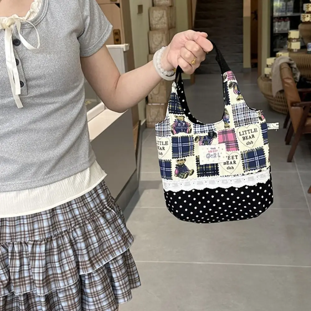 

Lovely Sweet Denim Bucket Bag Leisure Cowboy Plaid Canvas Handbag Shopping Bag Commuting Cute Wrist Bag Travel