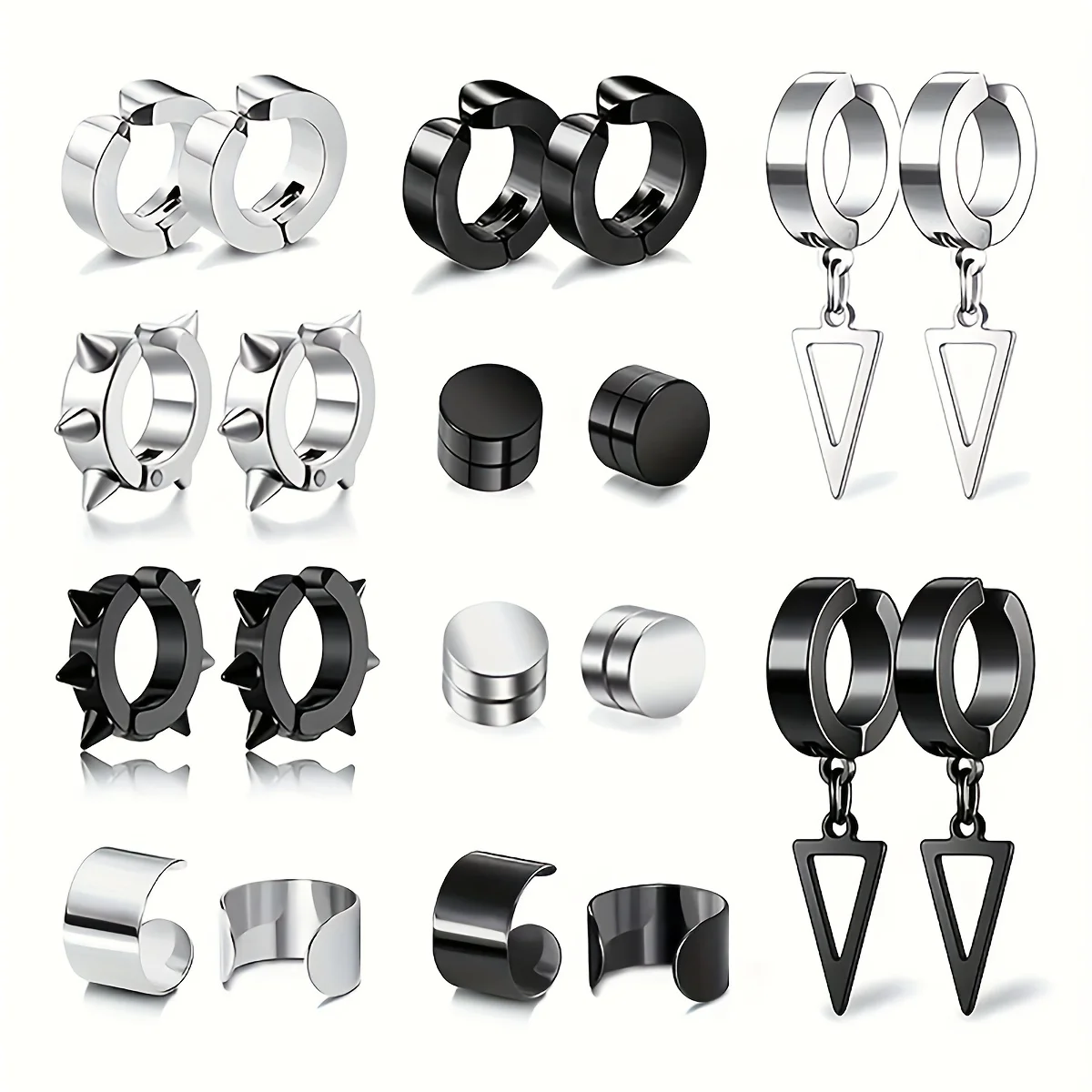 

20pcs Minimalist Punk Stainless Steel Magnetic Ear Clips C-shape Ear Cuff Round Cone Triangle Non-Piercing Hoop Earrings Set