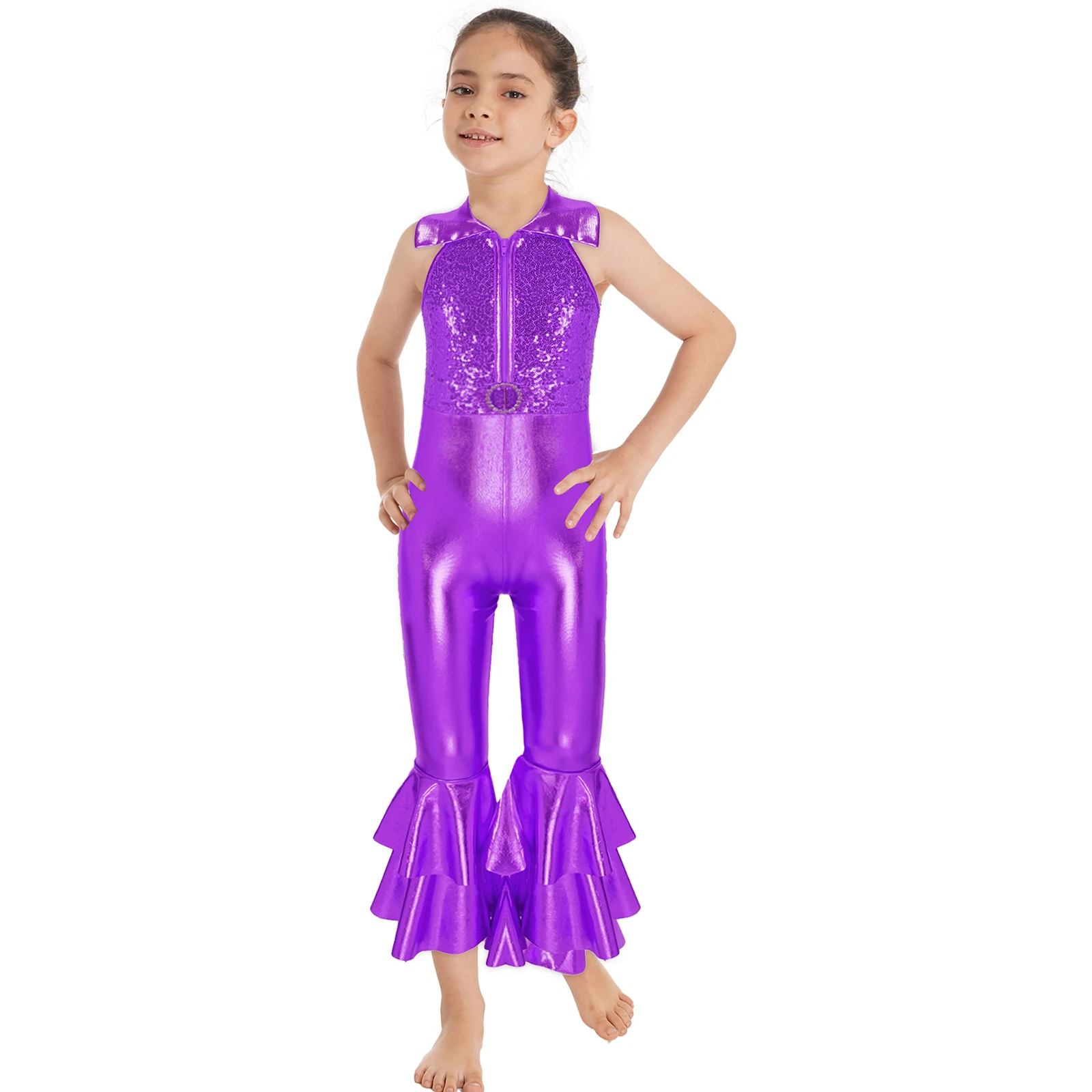 

Kids Girls One Piece Shiny Metallic Full Body Unitard Ballet Dance Gym Leotard Sleeveless Turndown Collar Bodysuit Jumpsuit