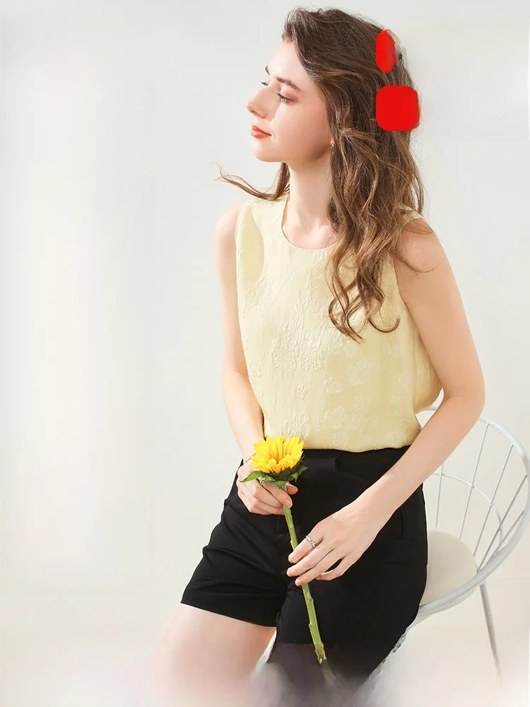 

Cboca Spring Summer New Sle Silk round Ne Svel Vintage Embroidery Women's Vest Straight Cut Commute Sle Pure C...