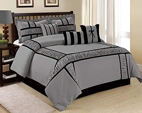 

7 Piece Comforter Set King- Taupe Microfiber Ruffle and Patchwork-MARMA Bed in Bag King Size-Includes 1 Comforter,2 Shams,3 Dec