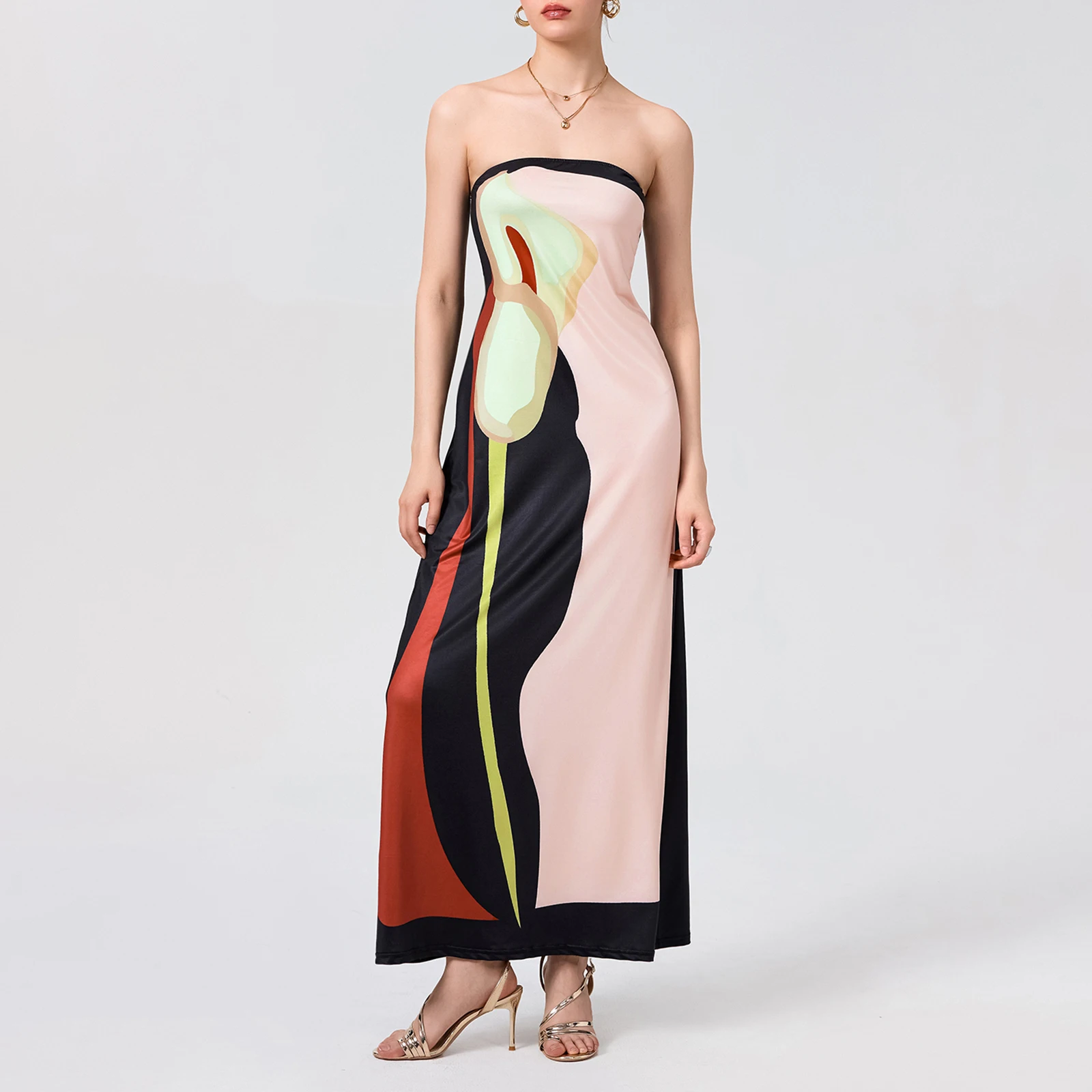 Women's Strapless Long Dress Fashion Open Back Sleeveless Abstract Print Loose Tube Dress Summer Beach Dress for Party