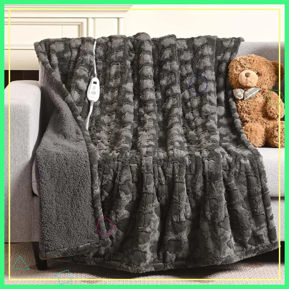 

Электрический плед 50x60 дюймов, серый, с узором из искусственного меха и шерпы, таймер автоматического отключения на 4 часа, 6 уровней нагрева, сертификат ETL, можно стирать в машине