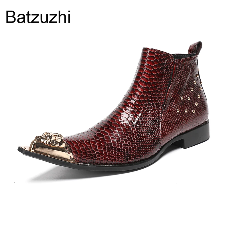 Batzuzhi Wine Red Fashion Men's Boots Shoes Pointed ToeTow Fashion Leather Ankle Boots Man with Rivets Party, Wedding Boots