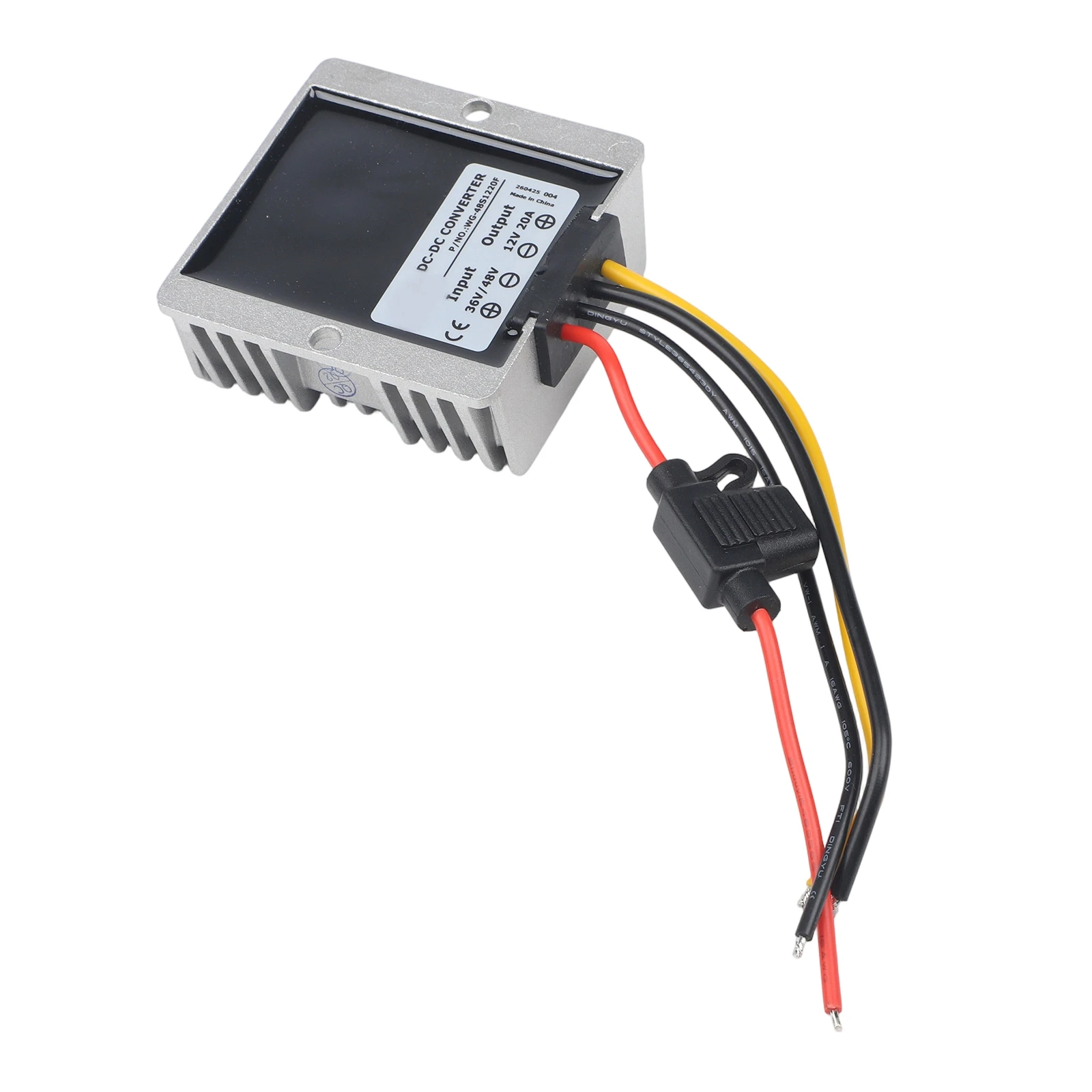 Aluminum Casing Adapter Converts input voltage of either thirty six or forty eight volts down to twelve volts output