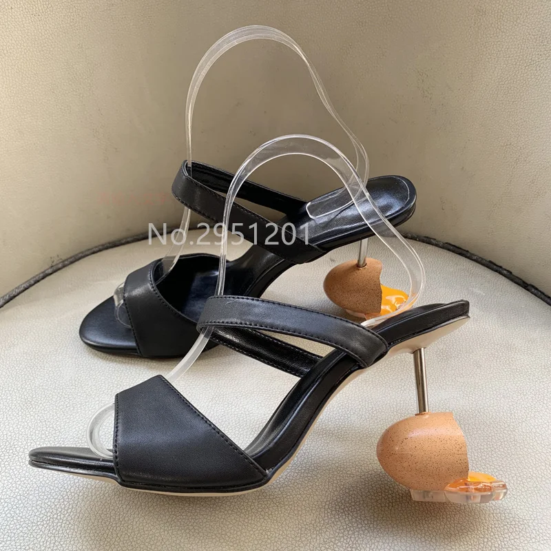 New Color Leather Ankle Straps Sandals Open Toe Egg Metal Iron Heels Mules Women Green Slip-on Unique Heels Sandalias Mujer