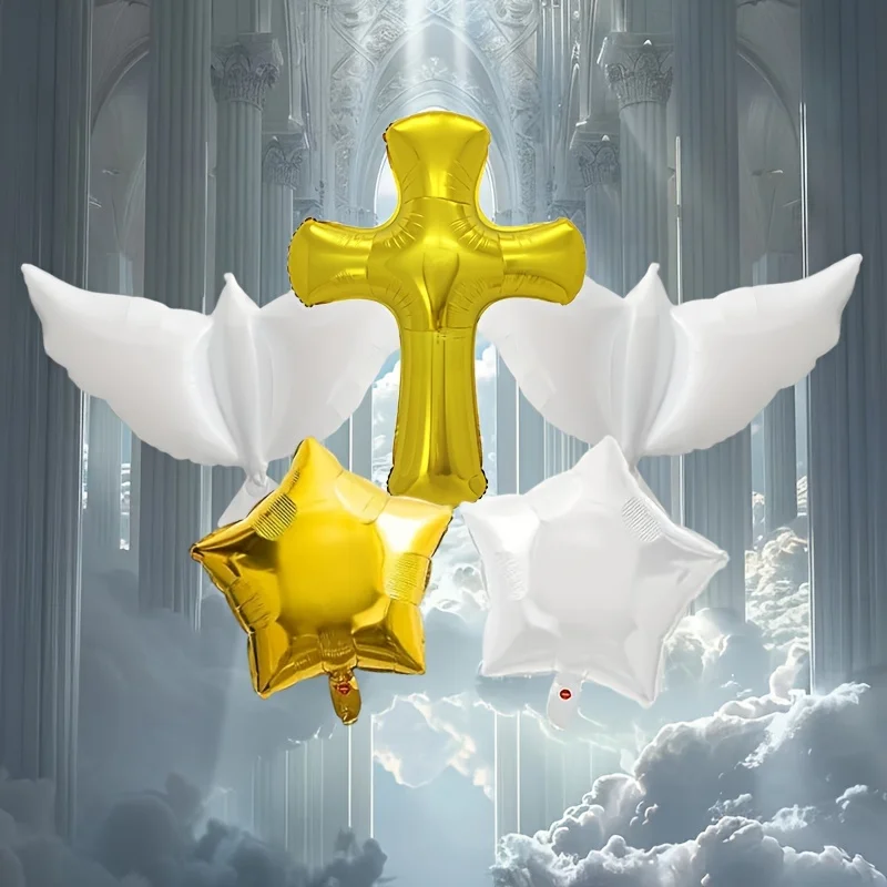 5 stücke Goldene Silbrig Kreuz Ballon Weiße Taube Fünf Sterne Aluminium Film Ballon Erstkommunion Taufe Party Dekoration Gott segne