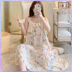 Korean Sweet Night Dress Women's Sleepwear Cotton Silk Nightdress Sexy Loose Nightgown Summer Thin Off Shoulder Nightwear Female