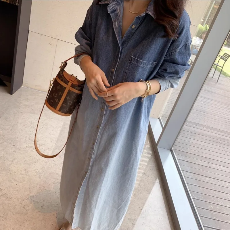 French Niche Lapel Gradient Halo Dyed Dress For Women'S Spring And Autumn Design, Single Breasted Loose Denim Skirt