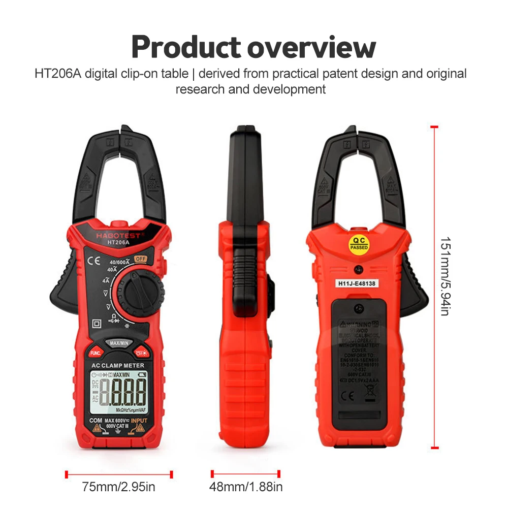 Digital Clamp Meter HT206A HT206B HT206D 600A AC DC Current Two-color Backlight NCV Voltmeter Ammeter for Electrician Tool