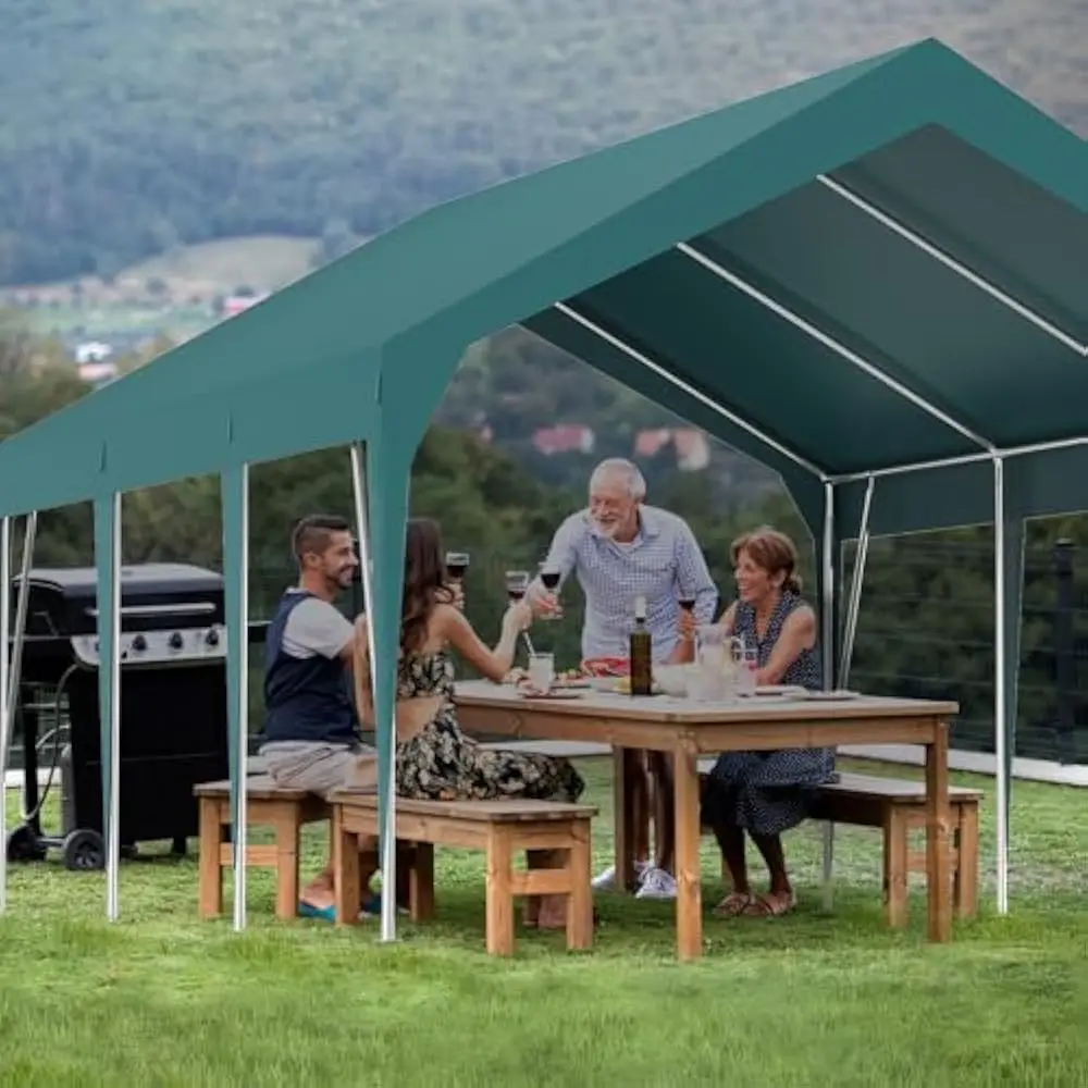 Tettuccio per carport resistente da 10 x 20 piedi con telaio robusto, riparo per garage portatile impermeabile e resistente ai raggi UV, altezza regolabile