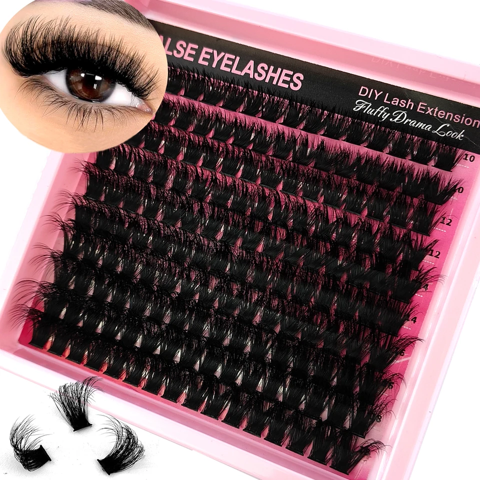 10 filas de racimos de pestañas gruesas y esponjosas de 40D-200D, 5D, de 10-18 mm, mezcla de pestañas individuales con efecto plumoso, racimos para extensiones DIY, pestañas postizas 3