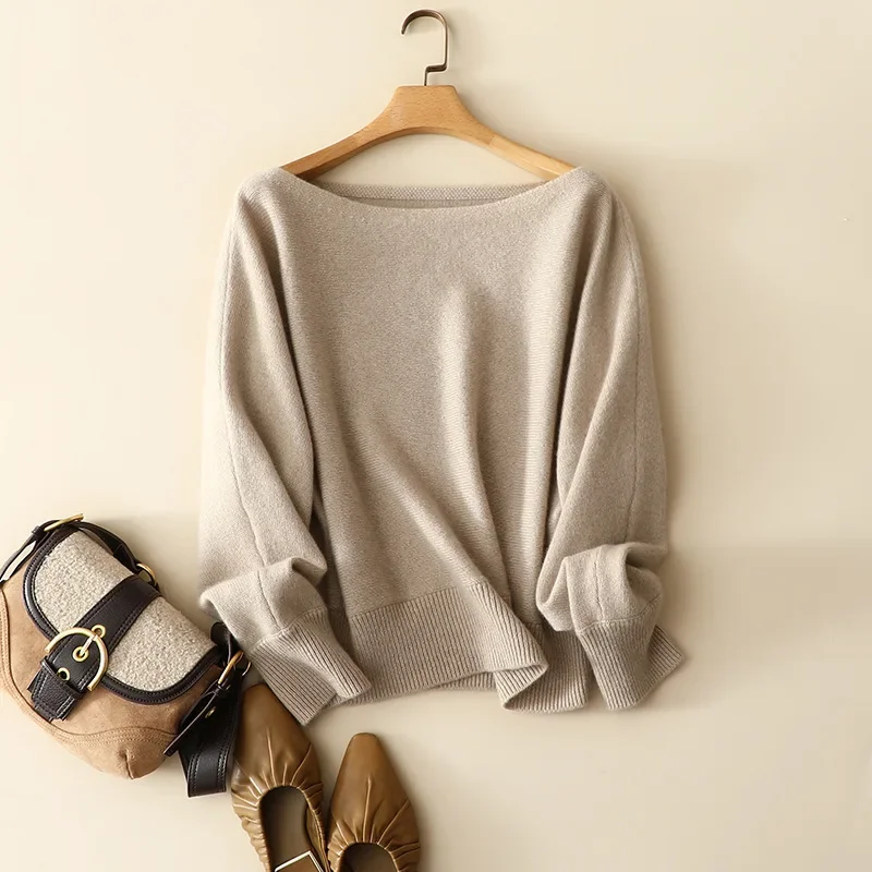 

high quality 100% cashmere slash neck sweaters women europe fashion batwing sleeve chic pullovers knitted warm knitwear female