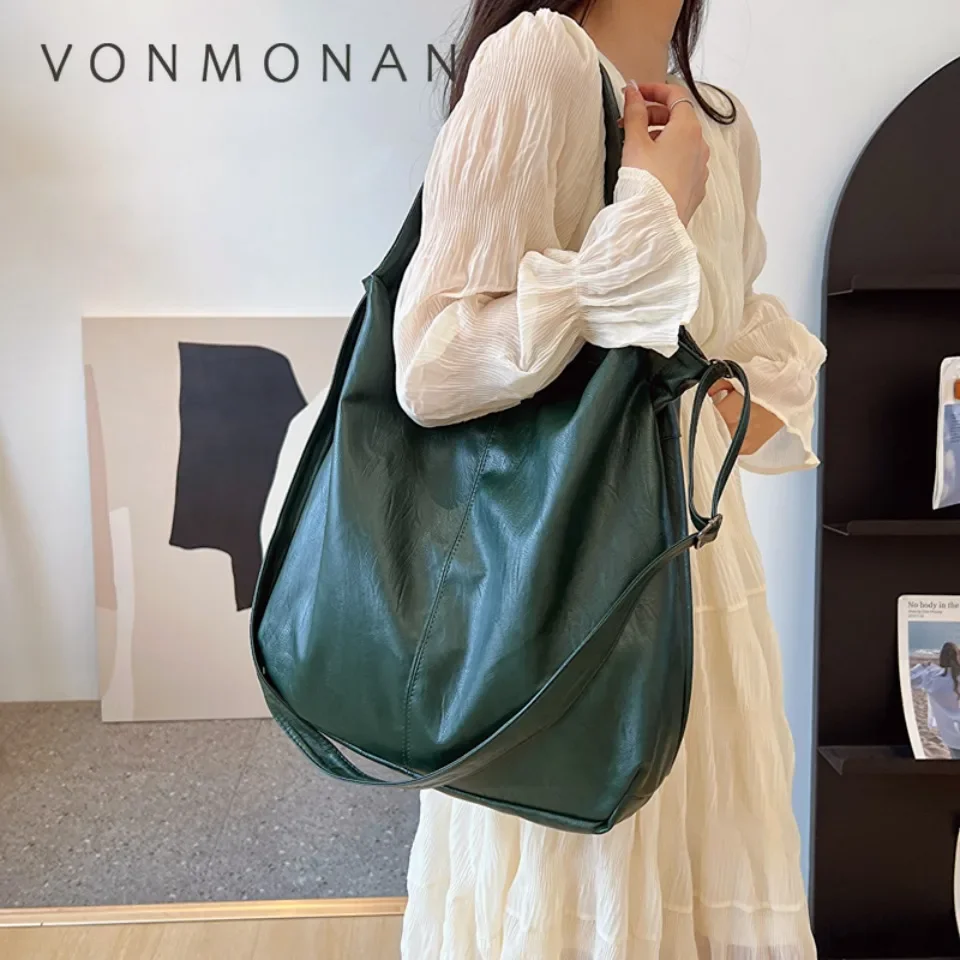 VONMONAN Fashion Big Soft Leather Tote Bag for Women Trendy Female Simple Large High Capacity Retro Shoulder Side Bag Handbags