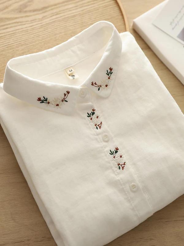 

Spring Summer Women's Loose Cotton irt Long Sve Embroidered White Double Layered Faionable Versatile Collar Workwear
