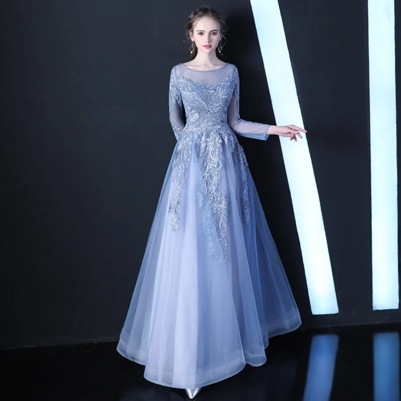 

2025 New Women's Summer Embroidered Mesh Banquet Evening Dress Fashionable and Skinny Style Long Blue Slimming Elegant Dress