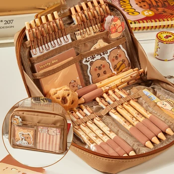 Grote Capaciteit Kawaii Capybara Multi-Gelaagde Gescheiden Briefpapier Tas Potlood Tas Cosmetische Tas School Kantoorbenodigdheden Briefpapier