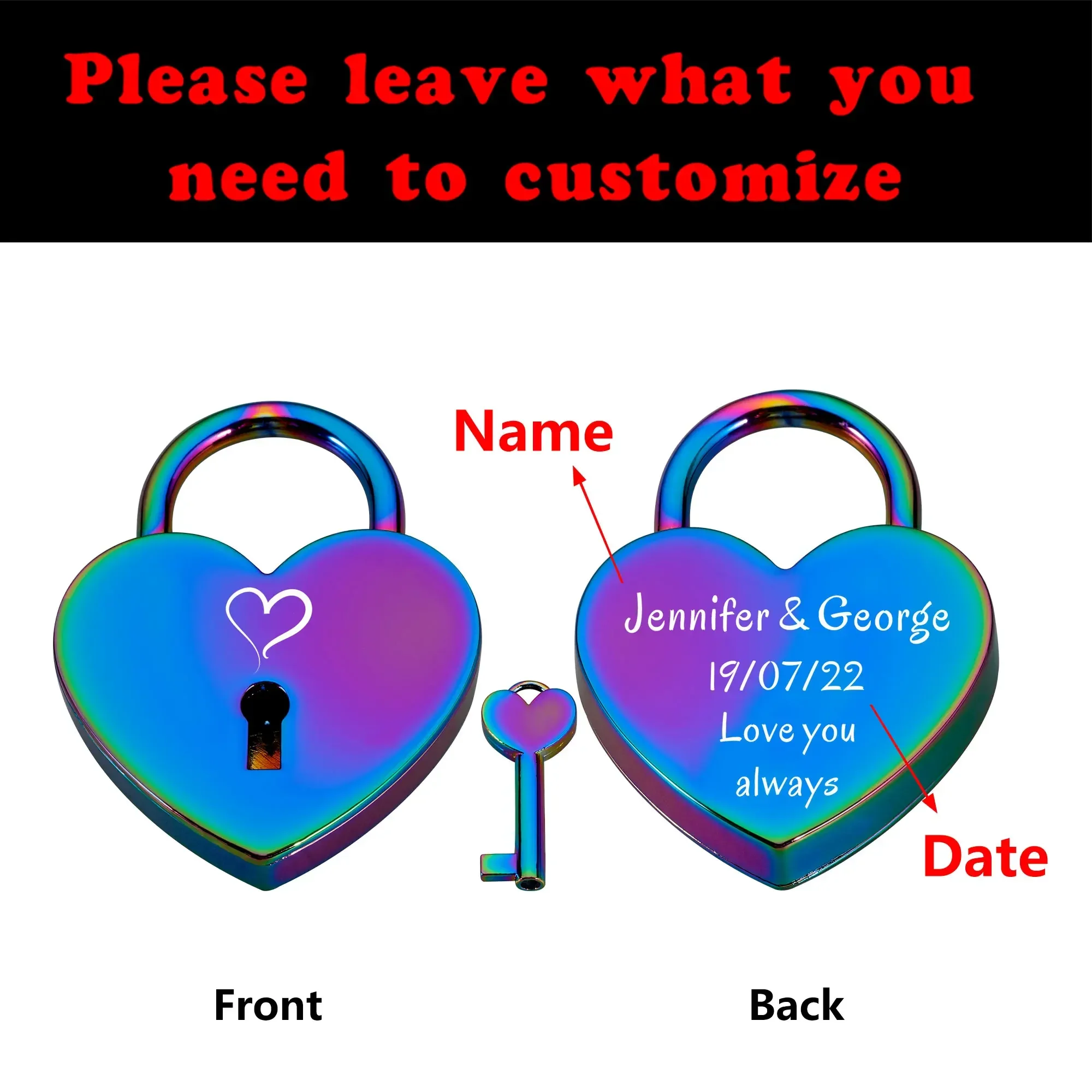 Personalized Couples Rainbow Heart Padlock Engraved Name Date Love Lock with Key for Her Him Valentine's Day Anniversary Gifts