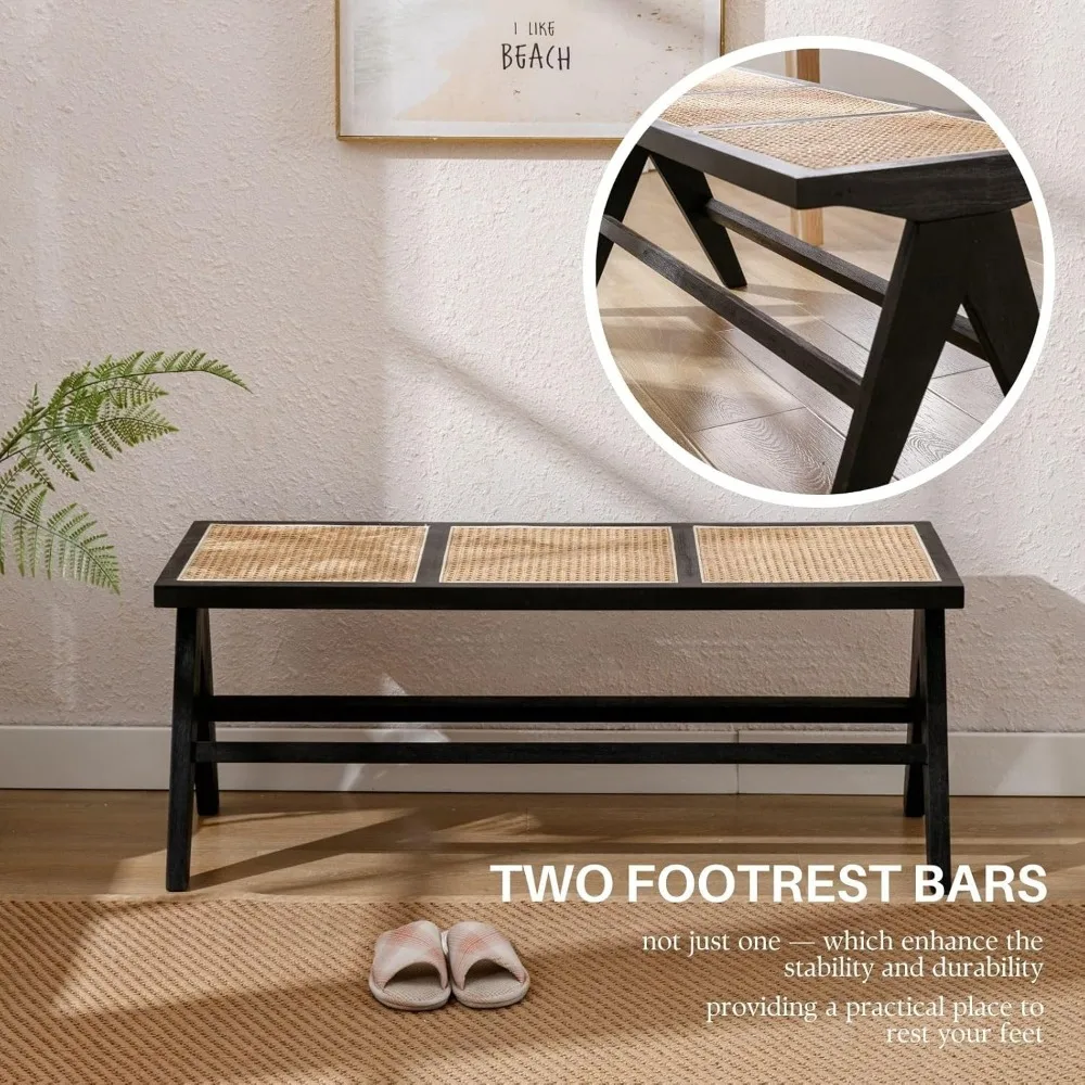 45-дюймовая черная скамейка из ротанга для прихожей, плетеное дерево и трость, конец кровати, скамейка, деревянная обеденная скамейка в фермерском доме с подставкой для ног