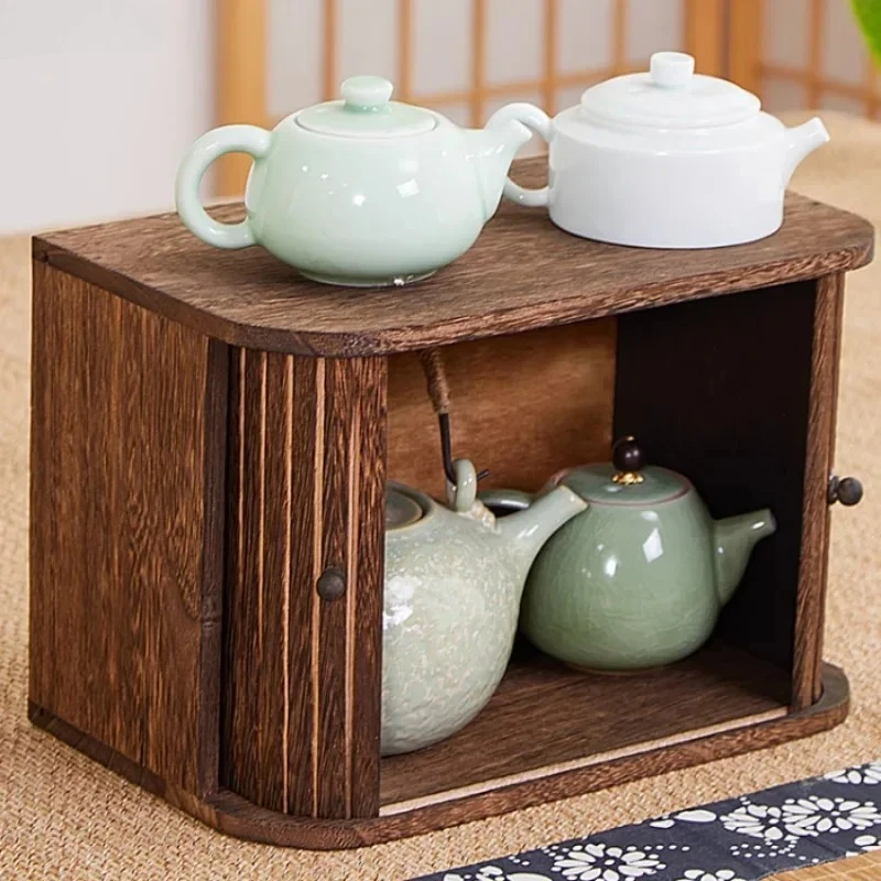 Solid Wood Storage Box Dustproof Display Rack Rolling Shutter Door Tea Cup Storage Rack Cabinet Organizer Desktop Shelf