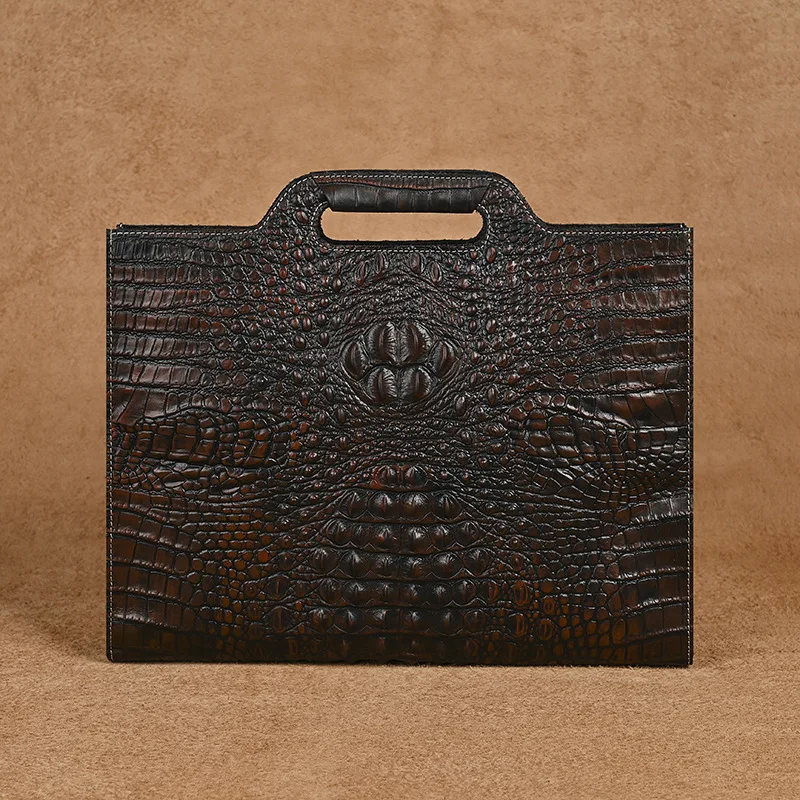 Mens Crocodile Embossed Leather Briefcase Vintage Business Bag Shoulder Messenger Bag Document Organizer Work Tote