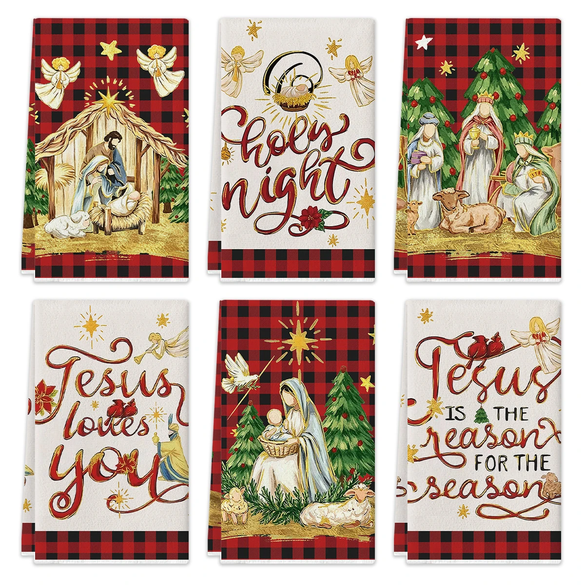 2/4/6Pcs Christmas Kitchen Towels, Nativity Manger Buffalo Plaid Print, Absorbent Dish Cloths, Tea Towels, Xmas Decor