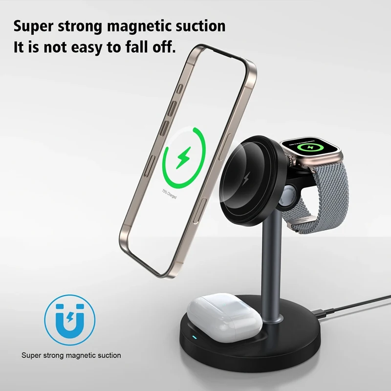 3 In 1 Magnetic Wireless Charger Adjustable Stand For iPhone 16 15 14 13 Pro Max iWatch 10 9 8 AirPods Pro Fast Charging Station