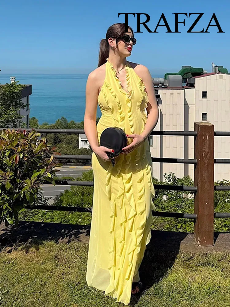 

TRAFZA Female Summer Fashion Solid V-Neck Bow Lace-Up Decoration Sleeveless Dress Women's Elegant Sexy Slim Backless Long Dress
