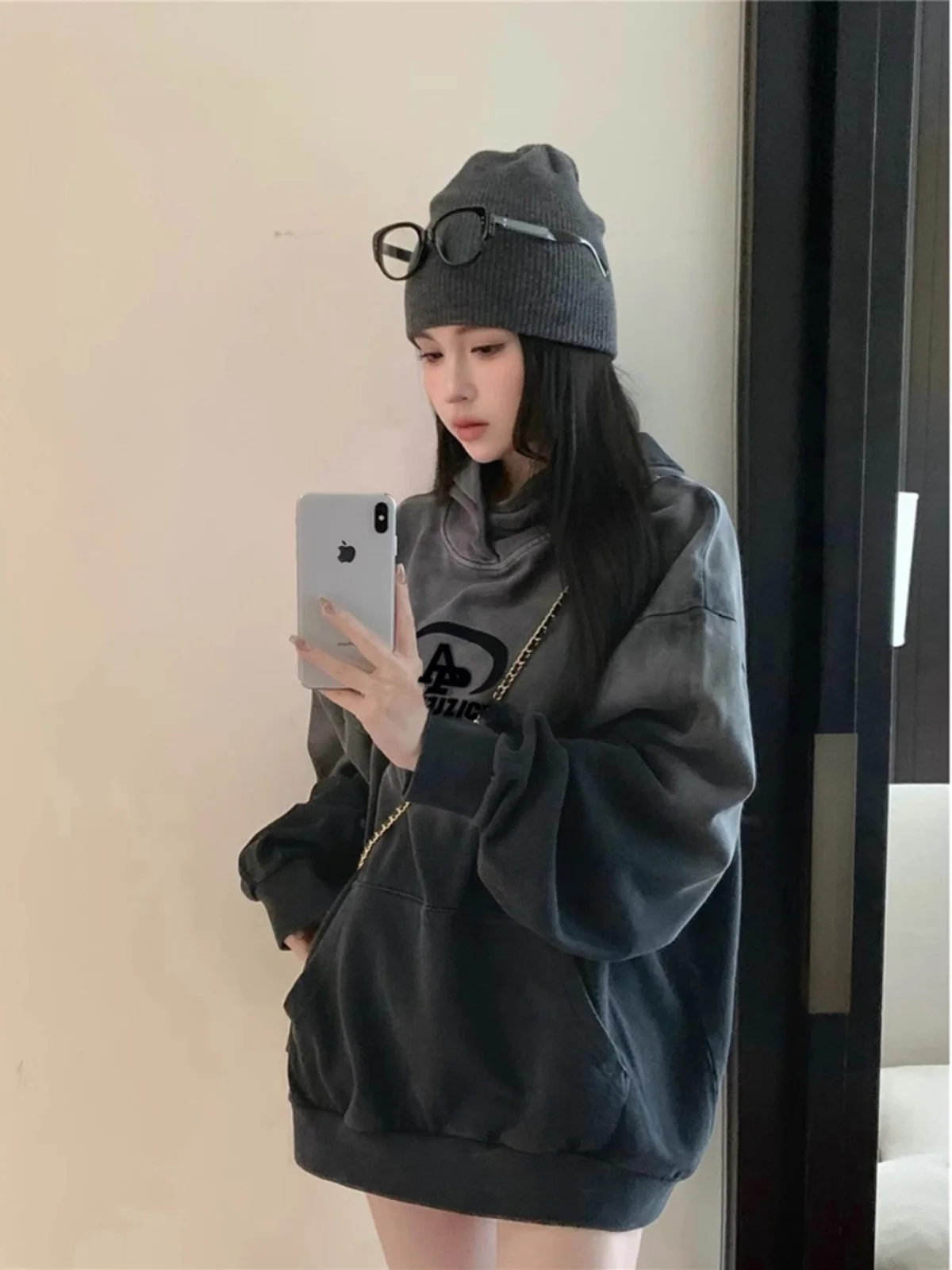 Grey Womens Clothing Vintage Street Sweatshirt Hooded Harajuku Y2K Letter Pullover Long Sleeves Warm Oversize Baggy Ladies Tops