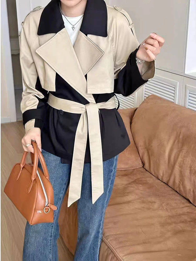 

2024 Autumn Winter New Casual Jacket for Women Classic Contrast Color Splice Lace-up Short Windbreaker Trench Coat Ladies