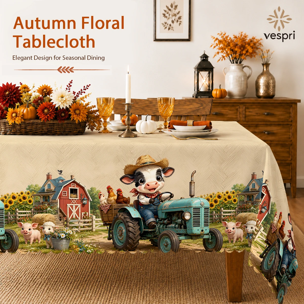 Farmhouse Tablecloth with Harvest Bicycle, Farm Cow for Indoor/Outdoor Camping decor, Rectangular/Round/Oval