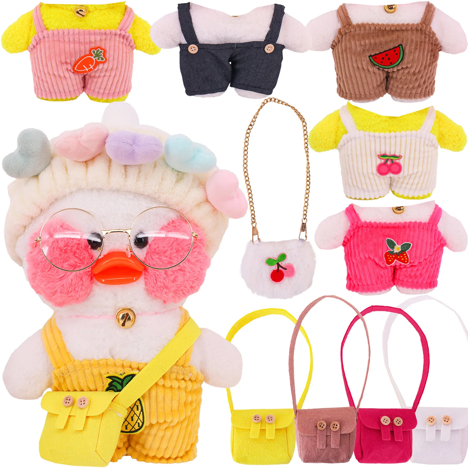 Yellow Duck Overalls Denim Plush Pants 30 Cm lalafanfan Doll Clothes Accessories Messenger Bag Cute Fruit Patch Summer Clothes