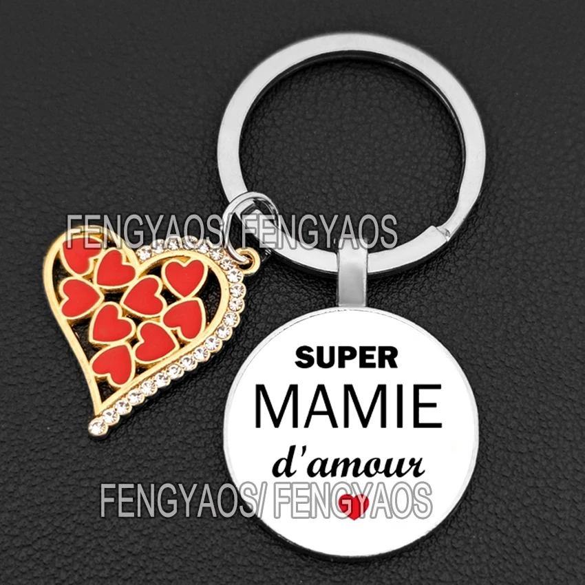 French Super Mamie Keychains Best Mother in The World Key Chains Gift for Mother's Day I Love You Mom Keyring