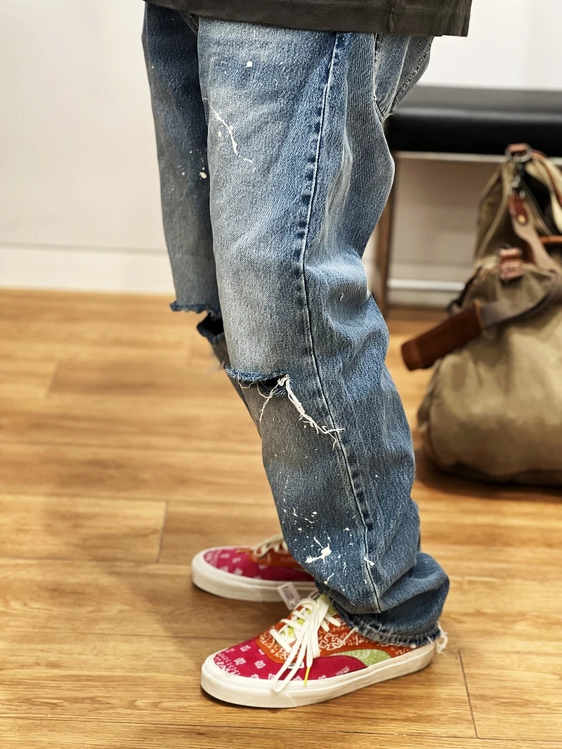 Okayama Heavyweight Worn out Dirty Fit Paint Splatter Washed Red Ear Jeans Straight Leg Non Stretch Cotton Trousers for Teens