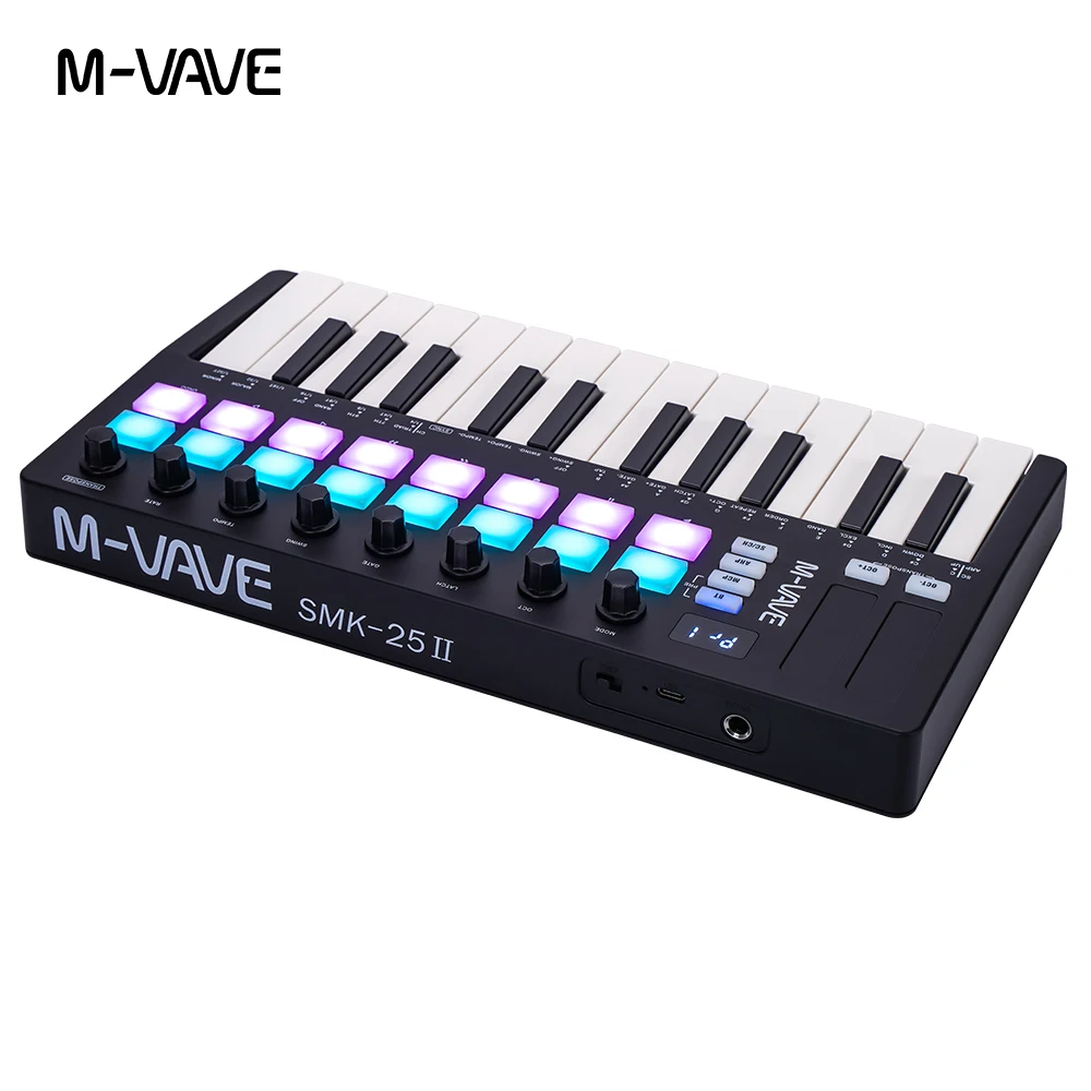 Clavier MIDI M-VAVE SMK-25 II Pro, 25 touches semi-lestées + 16 tampons RGB, 8 boutons de cartographie, logiciel de production musicale inclus