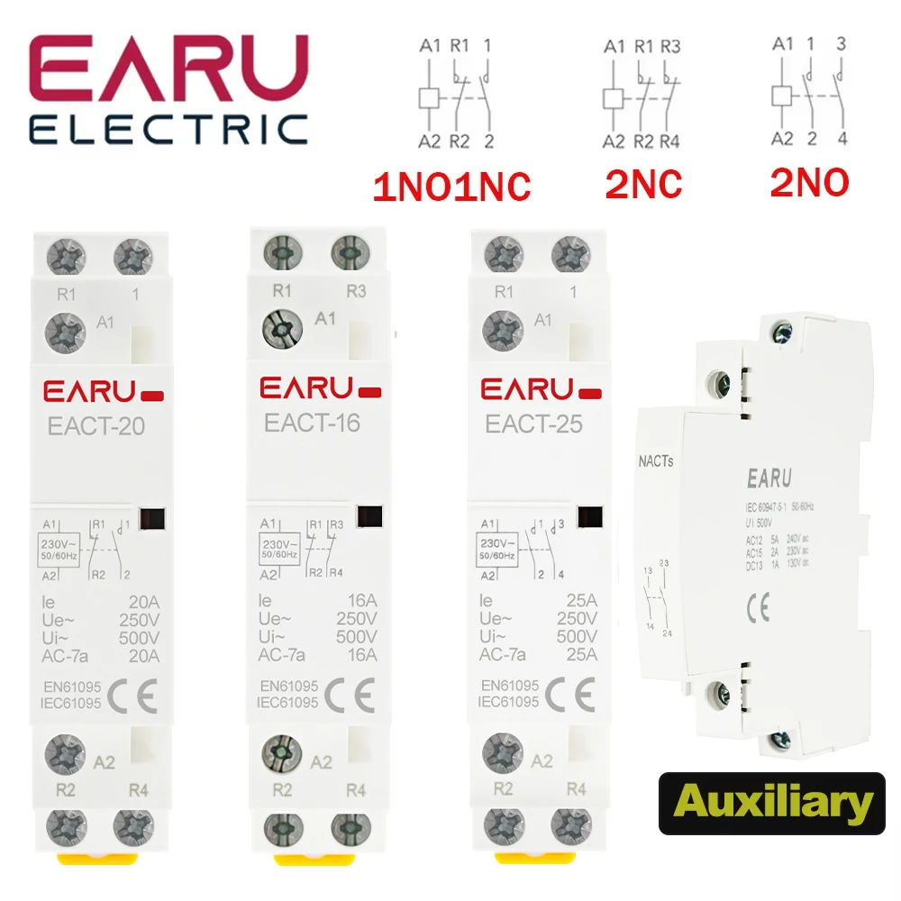 Household Modular AC Contactor Din Rail Mounted DC12V 24V AC110V 220V 50/60Hz 2P 16A 20A 25A 2NO 2NC 1NO1NC for Smart Home House