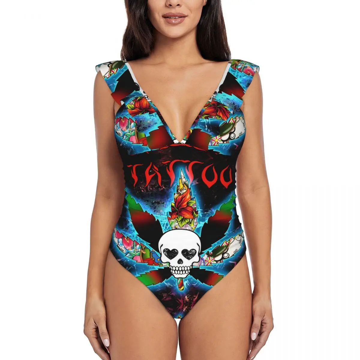 Sexy One Piece Swimsuit 2024 Women Ruffled Swimwear Skull Rasta Leaves Monokini Female Bodysuit Girl Beach Bathing Suit