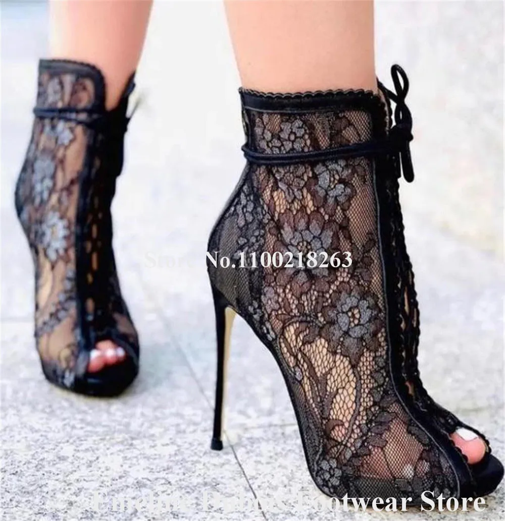 Women Elegant Mesh Short Boots Emeline Dubois Peep Toe Black White Lace Stiletto Heel Ankle Booties Lace-up Wedding Pumps