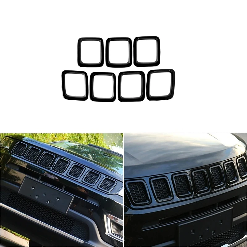 7PCS Front Grille Insert Grill Cover Trim Mesh Grille Inserts Covers For Jeep Compass 2017 2018 Bright Black ABS Car Styling