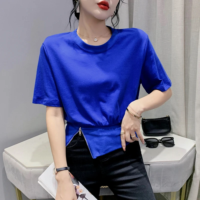 

2023 New Summer Korean Clothes Cotton Loose T-Shirt Chic Sexy O-Neck Zipper Women Short Sleeve Tops All Match Casual Tees 32423