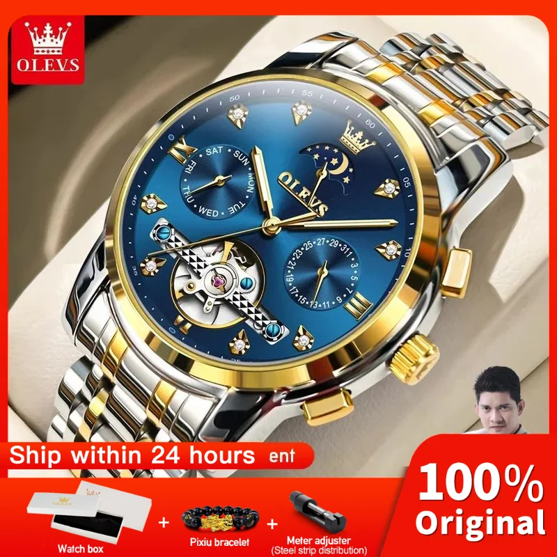 OLEVS 6678 Mens Watch Original Automatic Mechanical Watch Waterproof Luminous Watches Luxury Men Multifunctional Chronograph