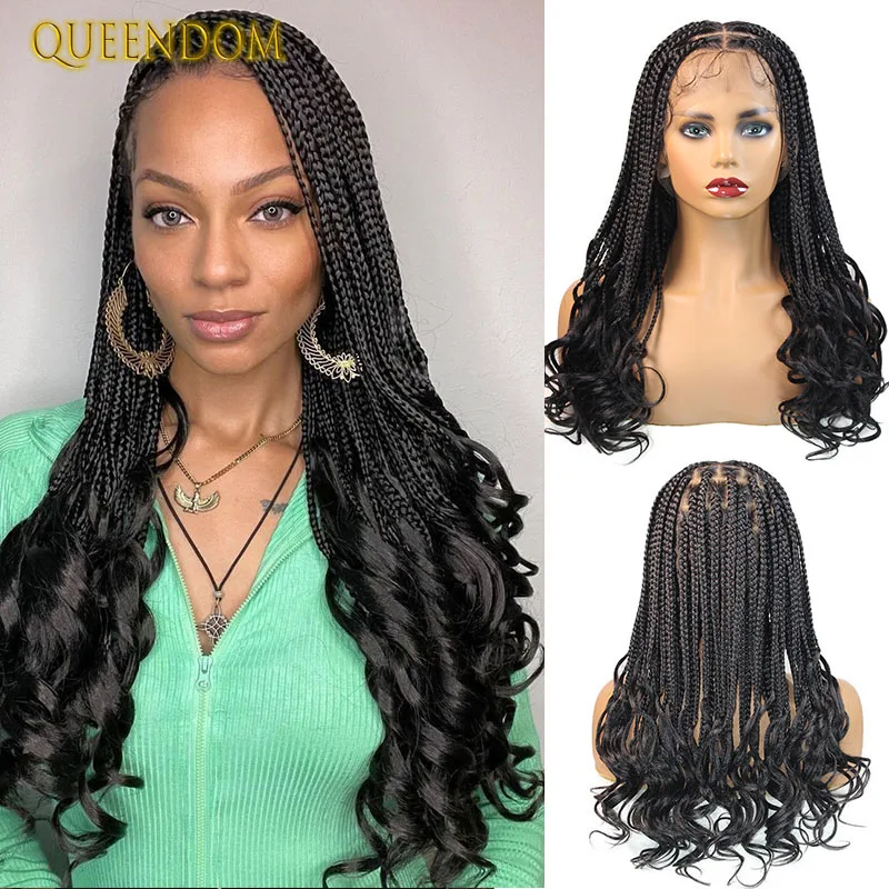 Synthetic Crochet Cornrow Full Lace Front Wig Box Braided Wigs With Curly Ends Knotless Heat Goddess Braid Wigs For Women 18Inch