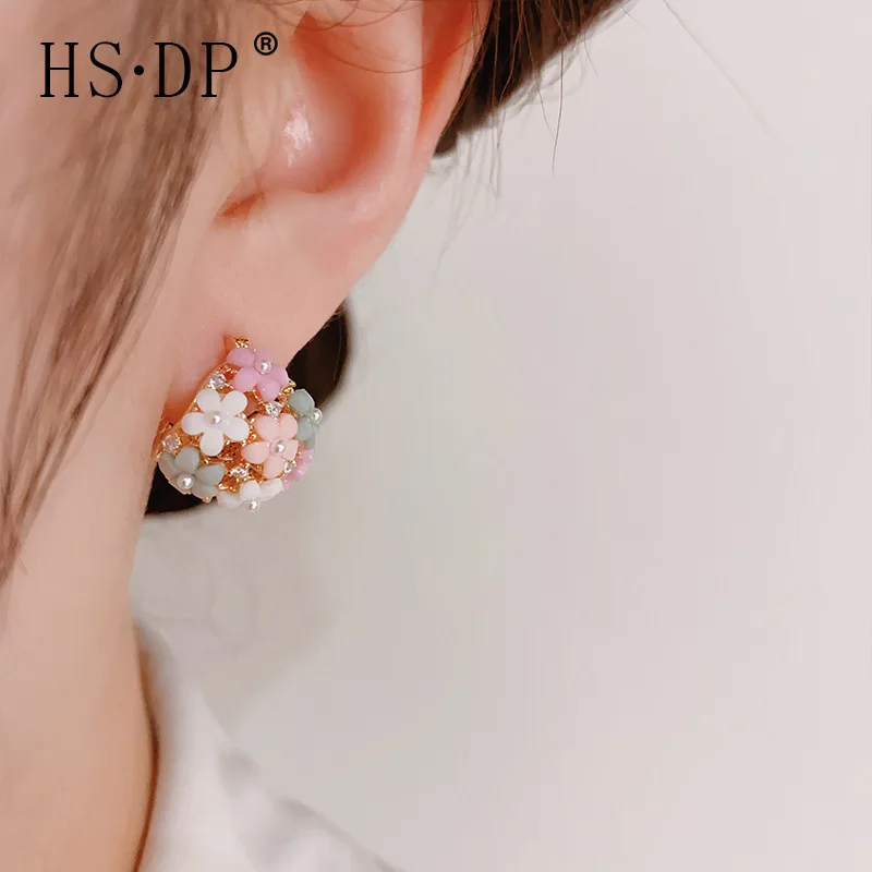 Fashionable Zircon Pearl Flower Basket Ear Buckle Sweet Pink Rhinestone Petal Flower Earrings Wedding Party Jewelry Girls Gifts