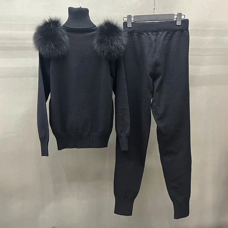 Women\'s Wool Coat Pants Set Lady Real Fox Fur Collar Sweatshirt Streetwear Knitted Spring Autumn Jogger Sweater S5988