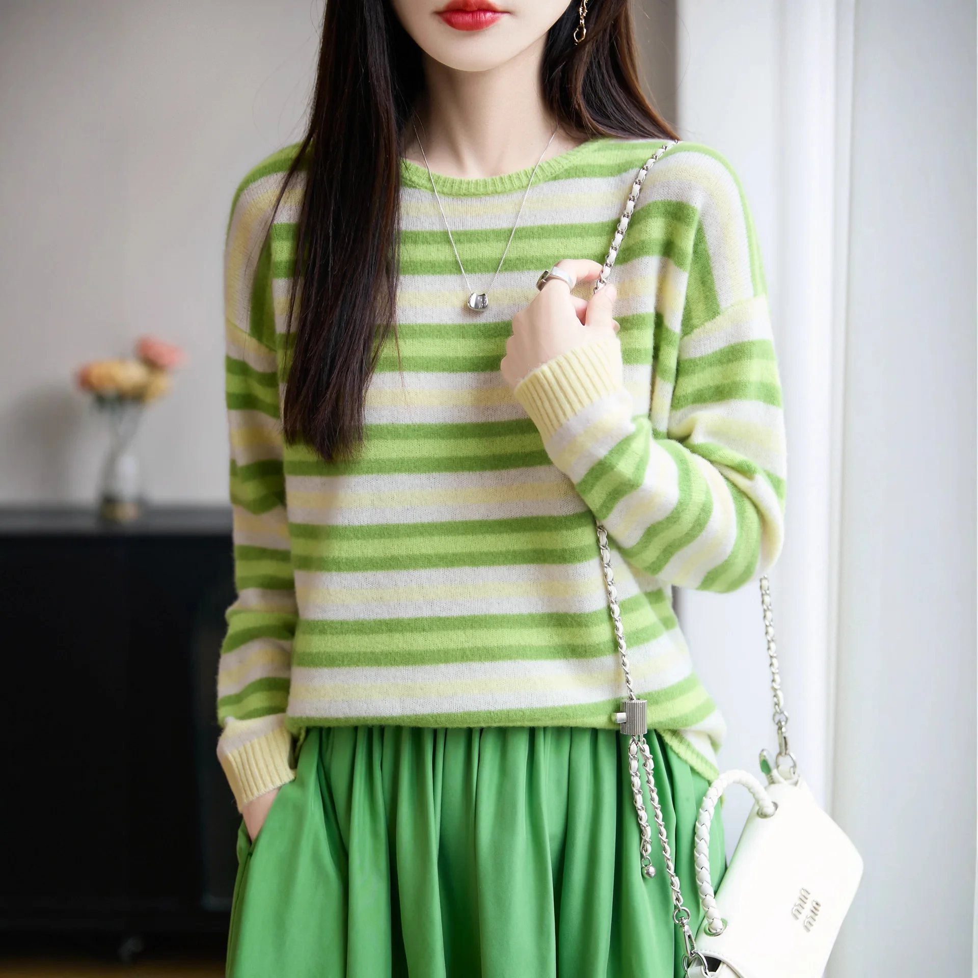 

Женский свитер в полоску, пуловеры из 100% шерсти с длинными рукавами, трикотажные рубашки с круглым вырезом, повседневные свободные теплые осенне-зимние джемперы