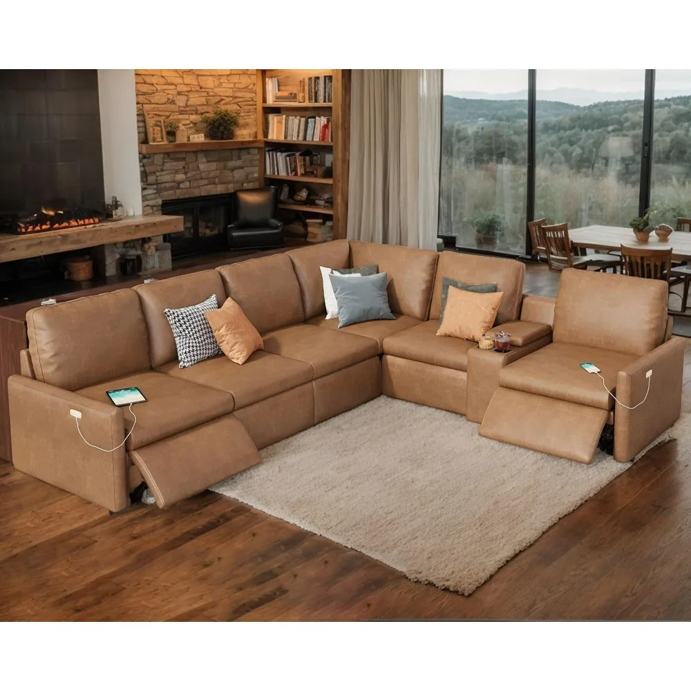 

Recliner, Recliner, Reclining Sectional Sofa With Console& Dual Recliner, 6 Seats Recliner Sofa With Cup Holder& USB Port, Secti