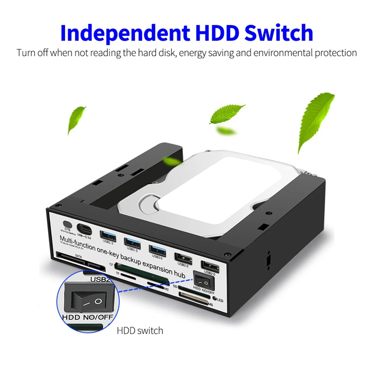 5.25 Inch Front Panel Expansion Hub with 3 USB3.0 2 USB2.0 Ports 5-In-1 Card Reader Support One-Key Backup Panel