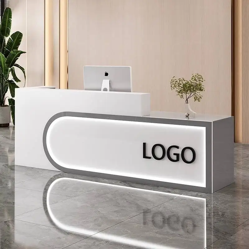 تصميم مكاتب الاستقبال للتخزين باللون الأسود، مكاتب استقبال صغيرة وحديثة فاخرة، أثاث استقبال من الخشب ذو الزاوية البيضاء