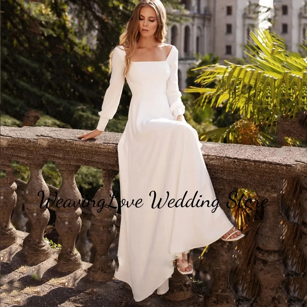 

Minimalism Long Sleeves Square Neck Wedding Dress For Women Ivory White Plus Size Custom Vestidos Para Mujer Elegantes Y Bonito